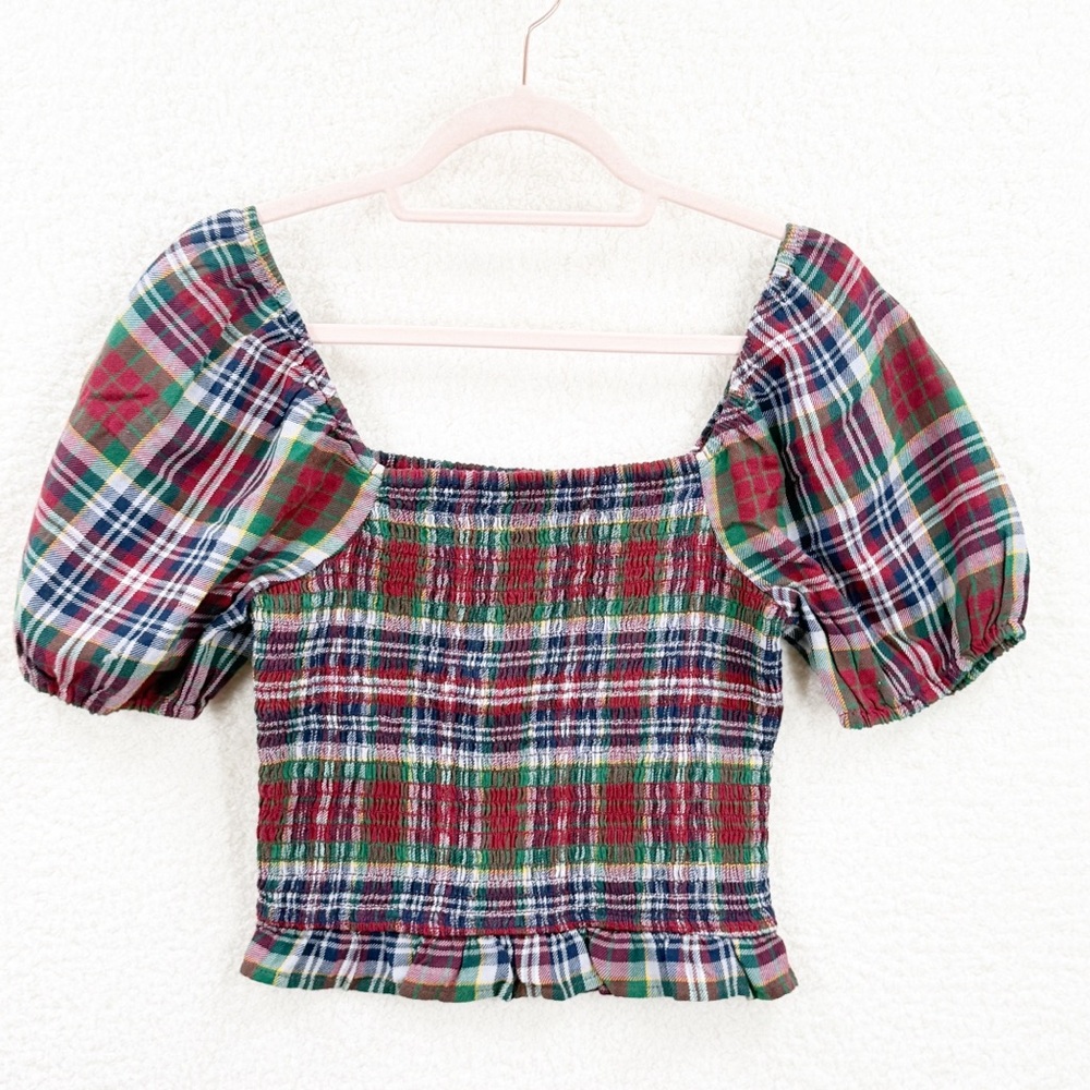 Women American Eagle Smocked Puff Sleeve Blouse Top in Maroon Size Small New